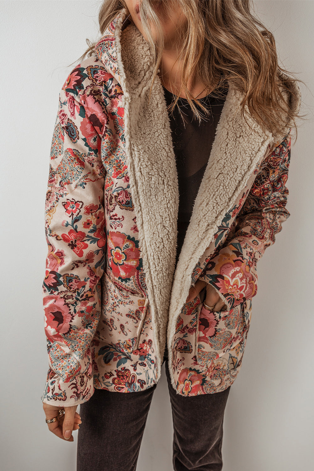 Paisley Floral Printed Sherpa Lined Hooded Jacket