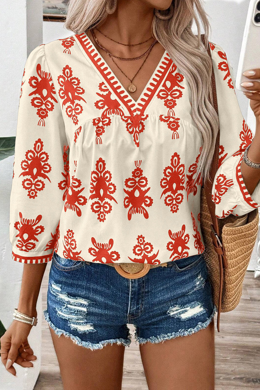 Ethnic Print V-Neck Blouse