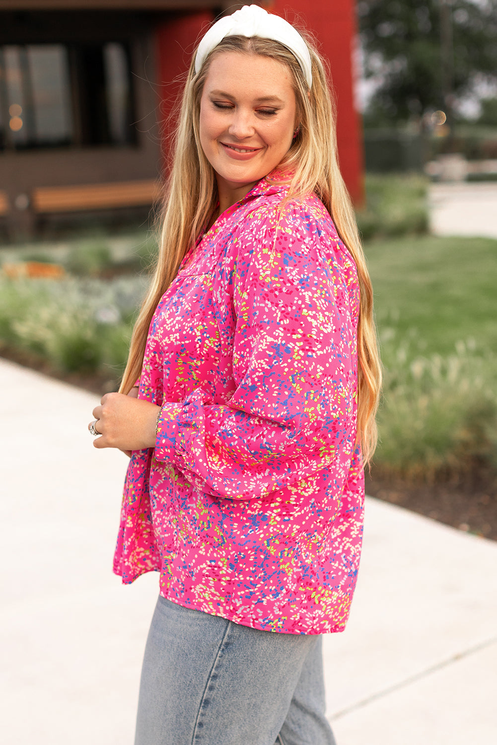 Abstract Print Puff Sleeve V Neck Plus Size Blouse