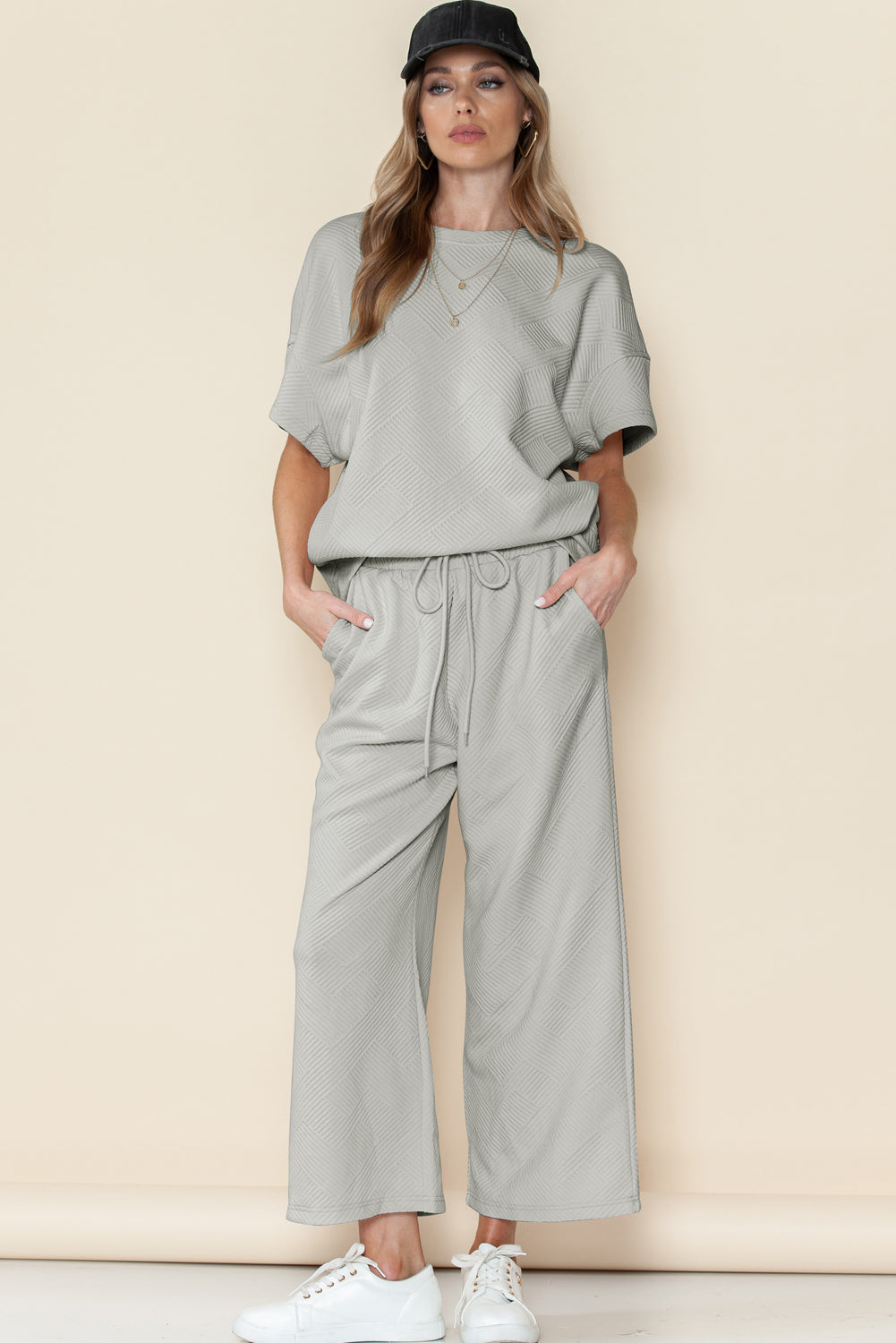 Textured Loose Fit T Shirt and Drawstring Pants Set