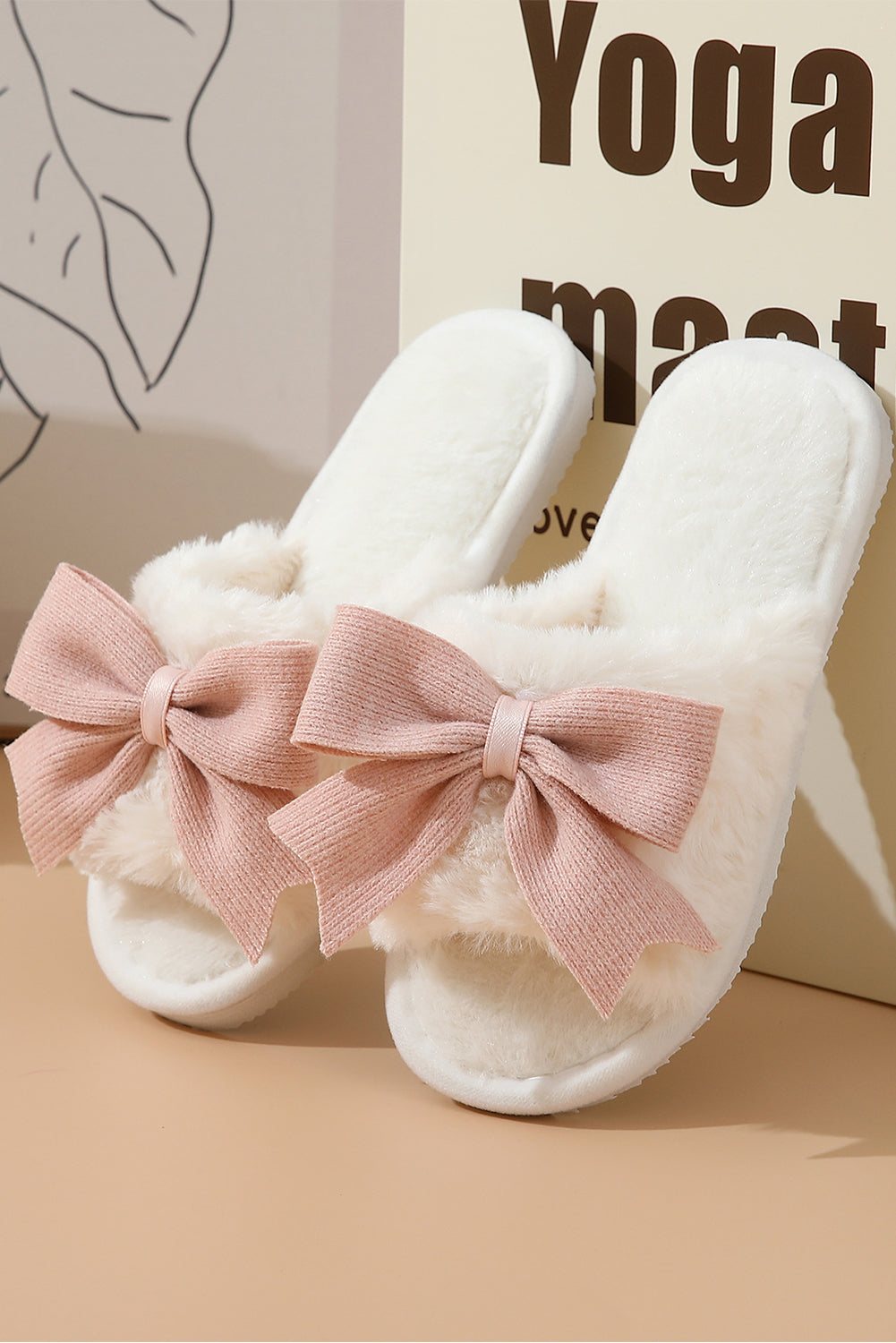 Pink Bow White Fluffy Slippers