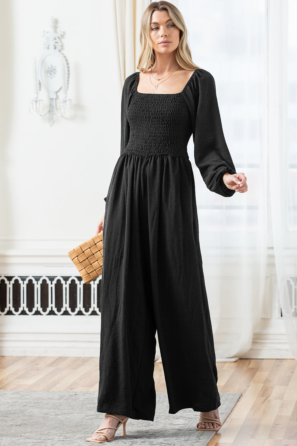 Black Smocked Wide Leg Jumpsuit