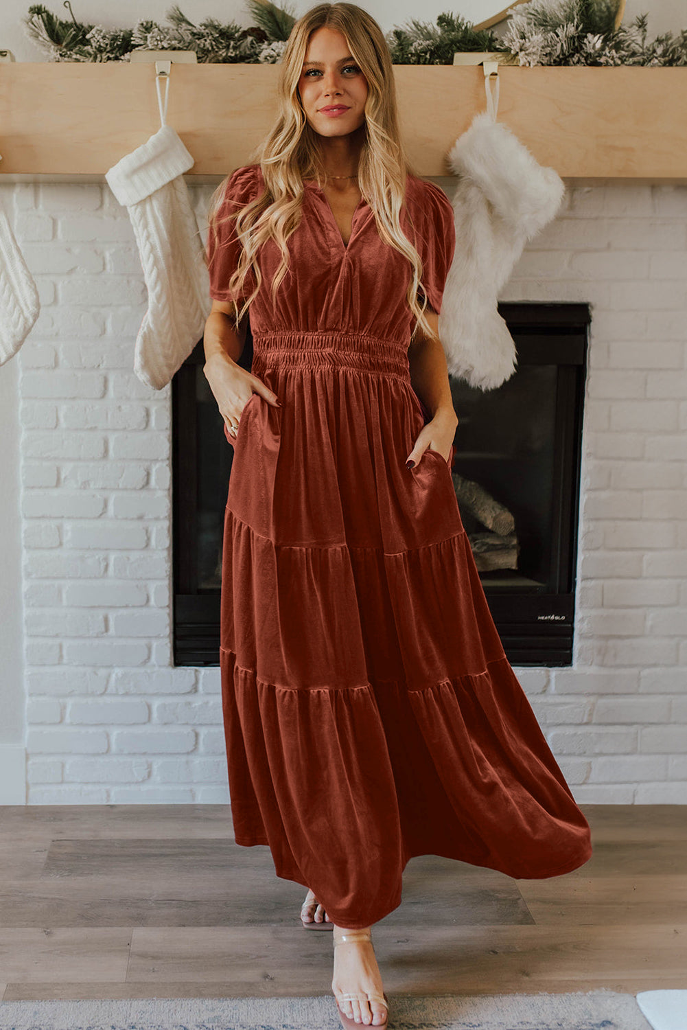 Chestnut Velvet Shirred Waist Tiered Maxi Dress