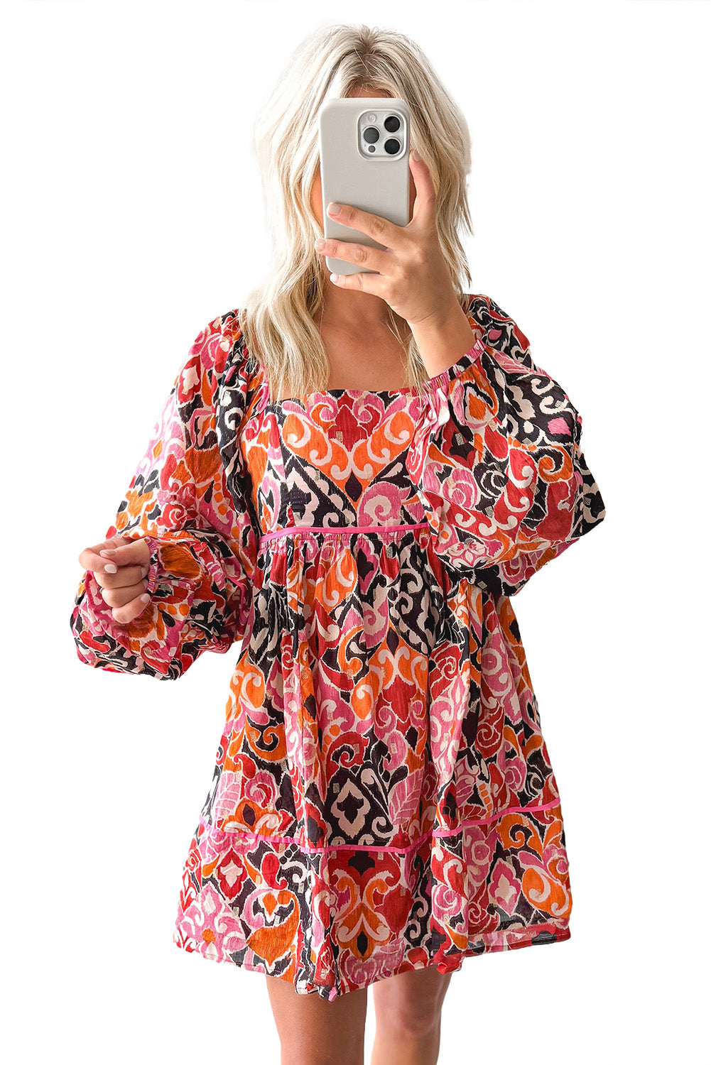 Pink Geometric Print Square Neck Puff Mini Dress