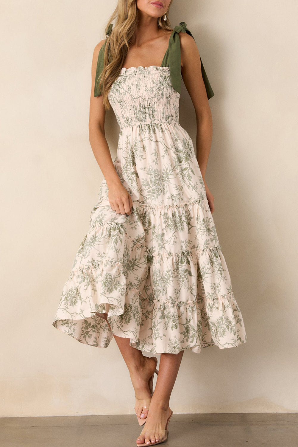 Floral Smocked High Waist Tiered Midi Dress