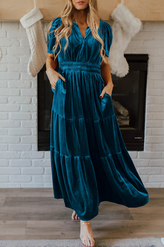 Blue Velvet Shirred Waist Tiered Maxi Dress