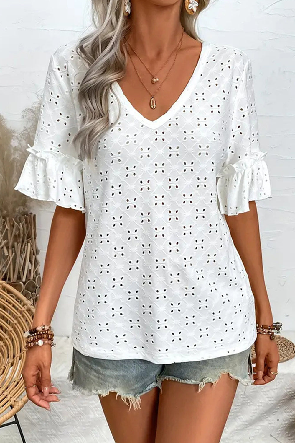 Eyelet V-Neck Short Sleeve Top