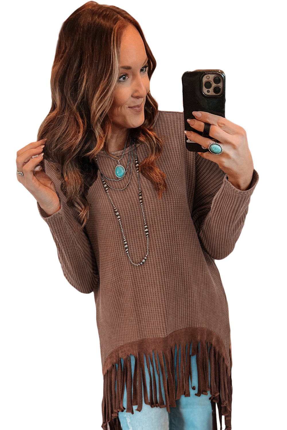 Coffee Waffle Fringe Top