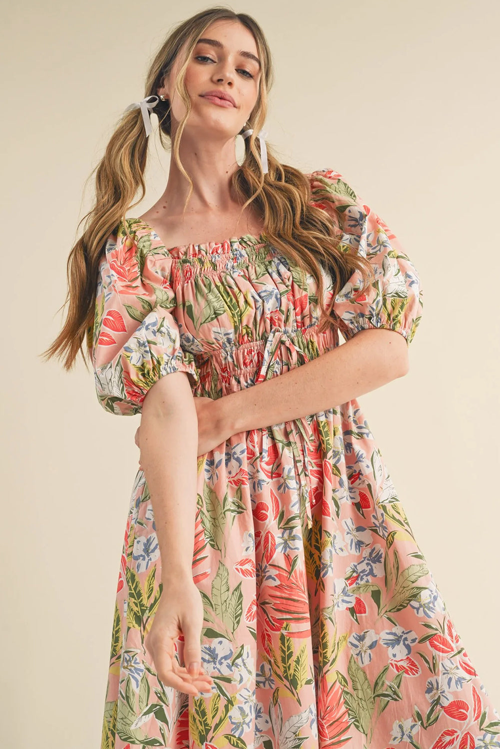 Floral Knot Front Smocked Dress