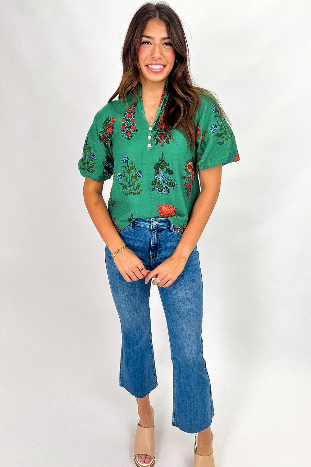 Green Floral Button V-Neck Blouse