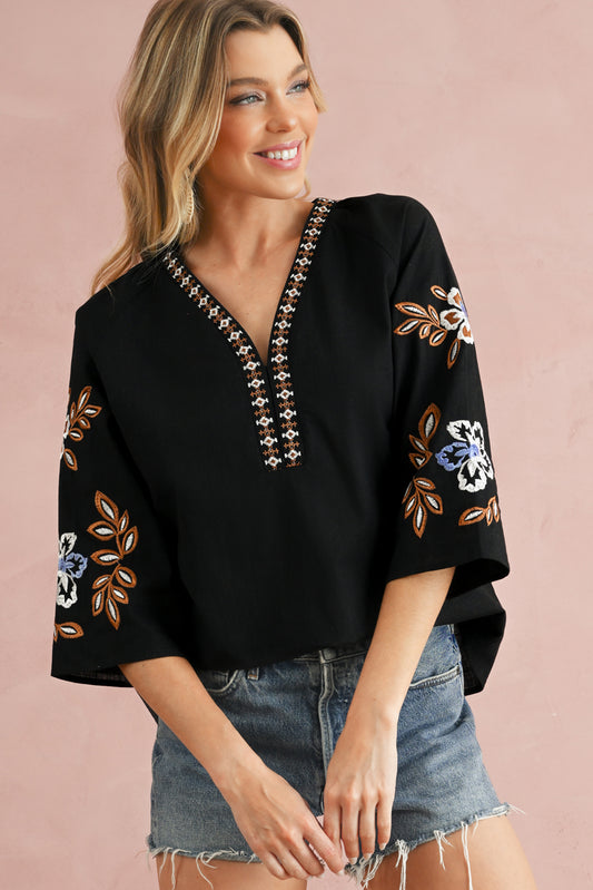 Black Floral Embroidered Sleeve Boho Blouse