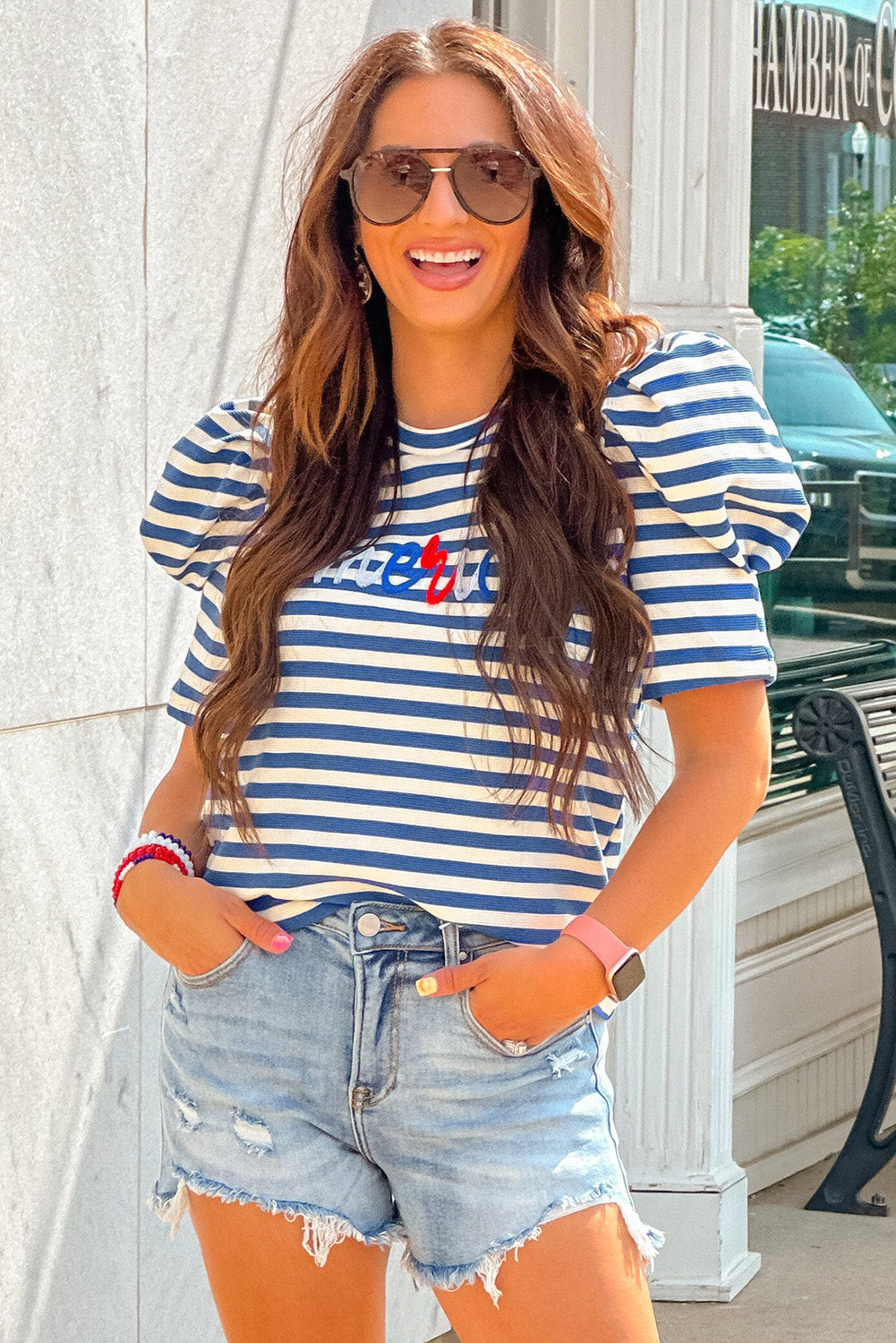 Blue Stripe America Puff Sleeve T-shirt