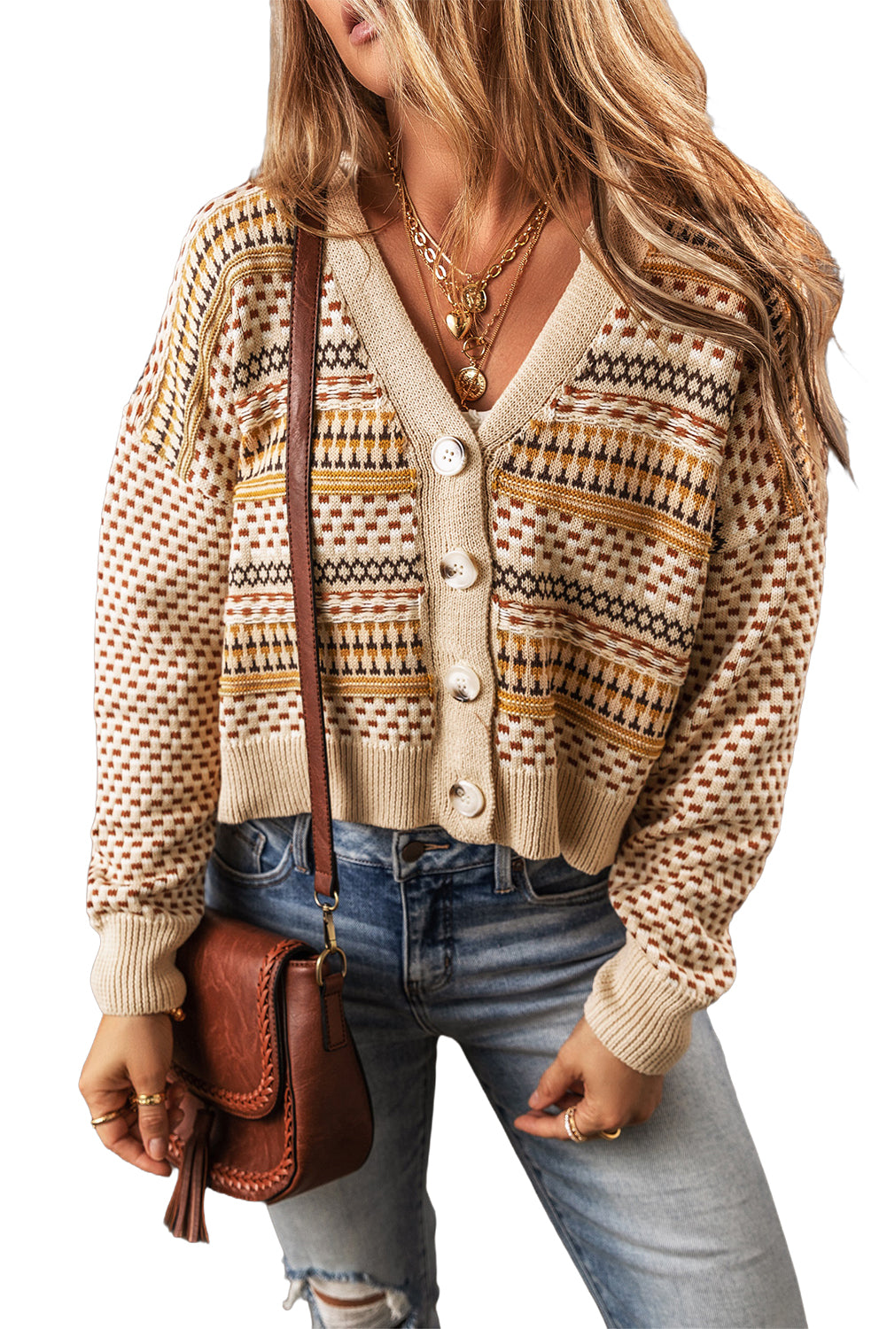 Geometric Pattern Button Front V Neck Cropped Cardigan