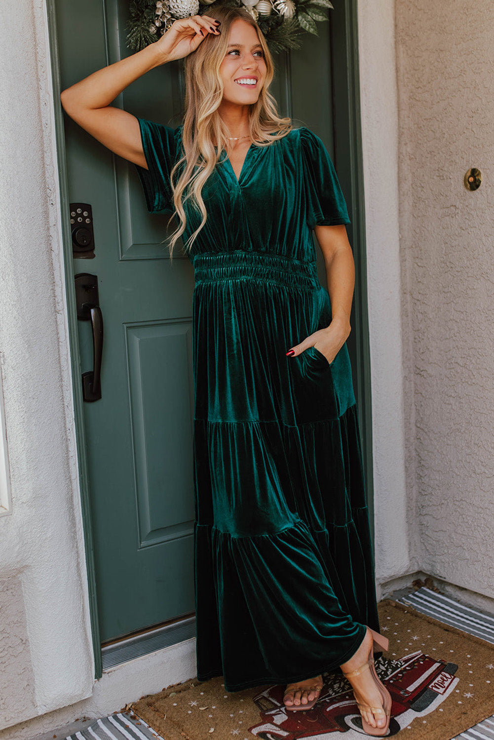 Velvet Smocked Waist Tiered Maxi Dress