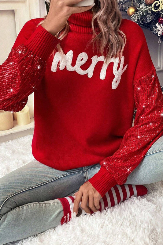 Red Merry Sequin Sleeve Christmas Sweater