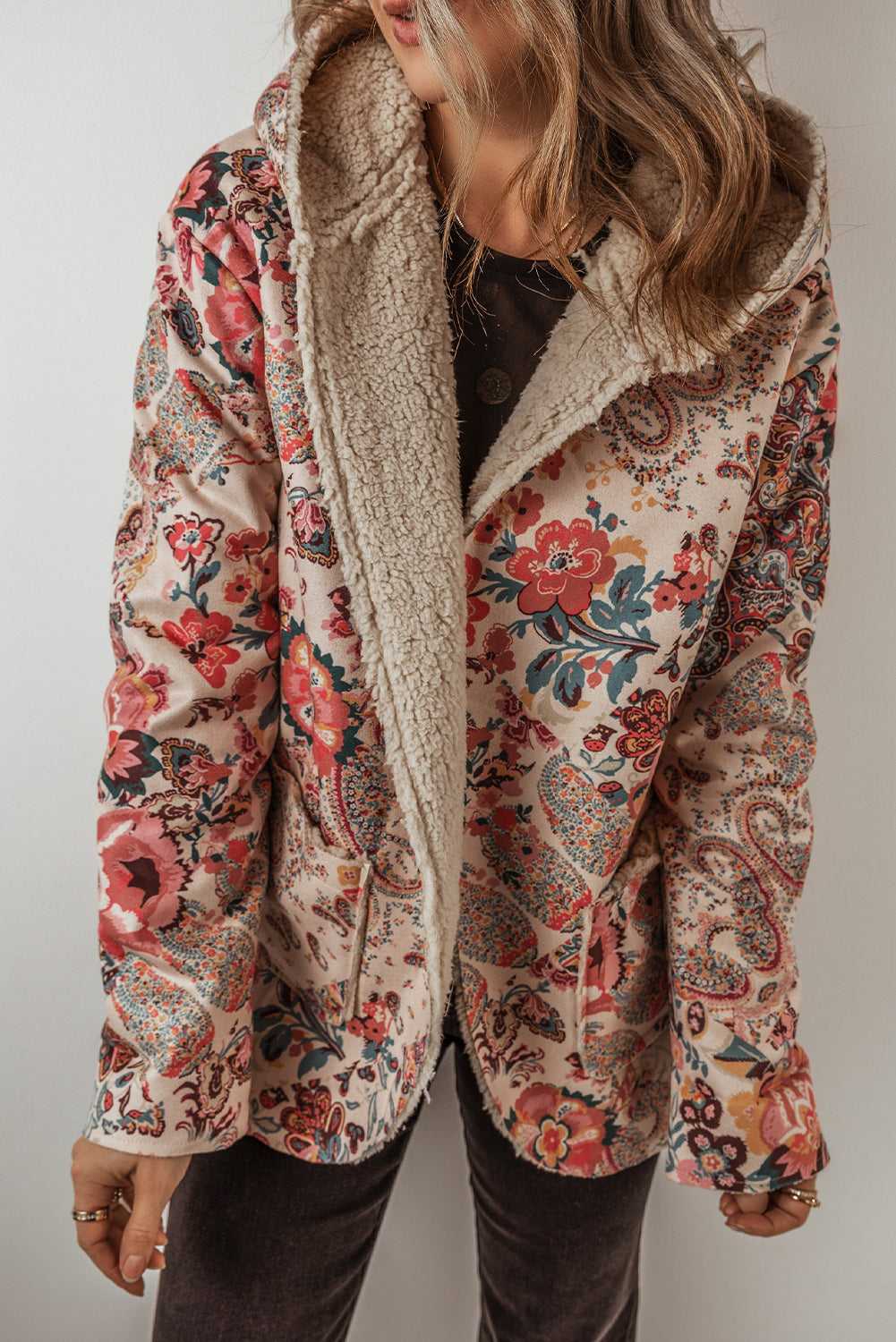 Paisley Floral Printed Sherpa Lined Hooded Jacket