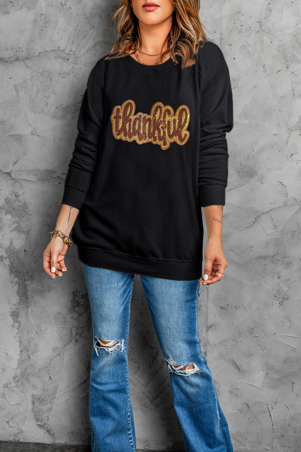 Black thankful Sequin Sweatshirt