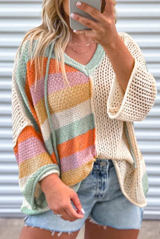 Pointelle Knit Colorblock Patchwork Sweater - Plus