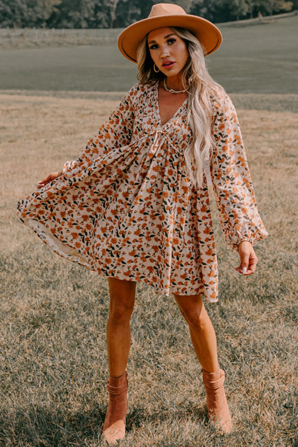 Beige Floral Smocked Babydoll Dress