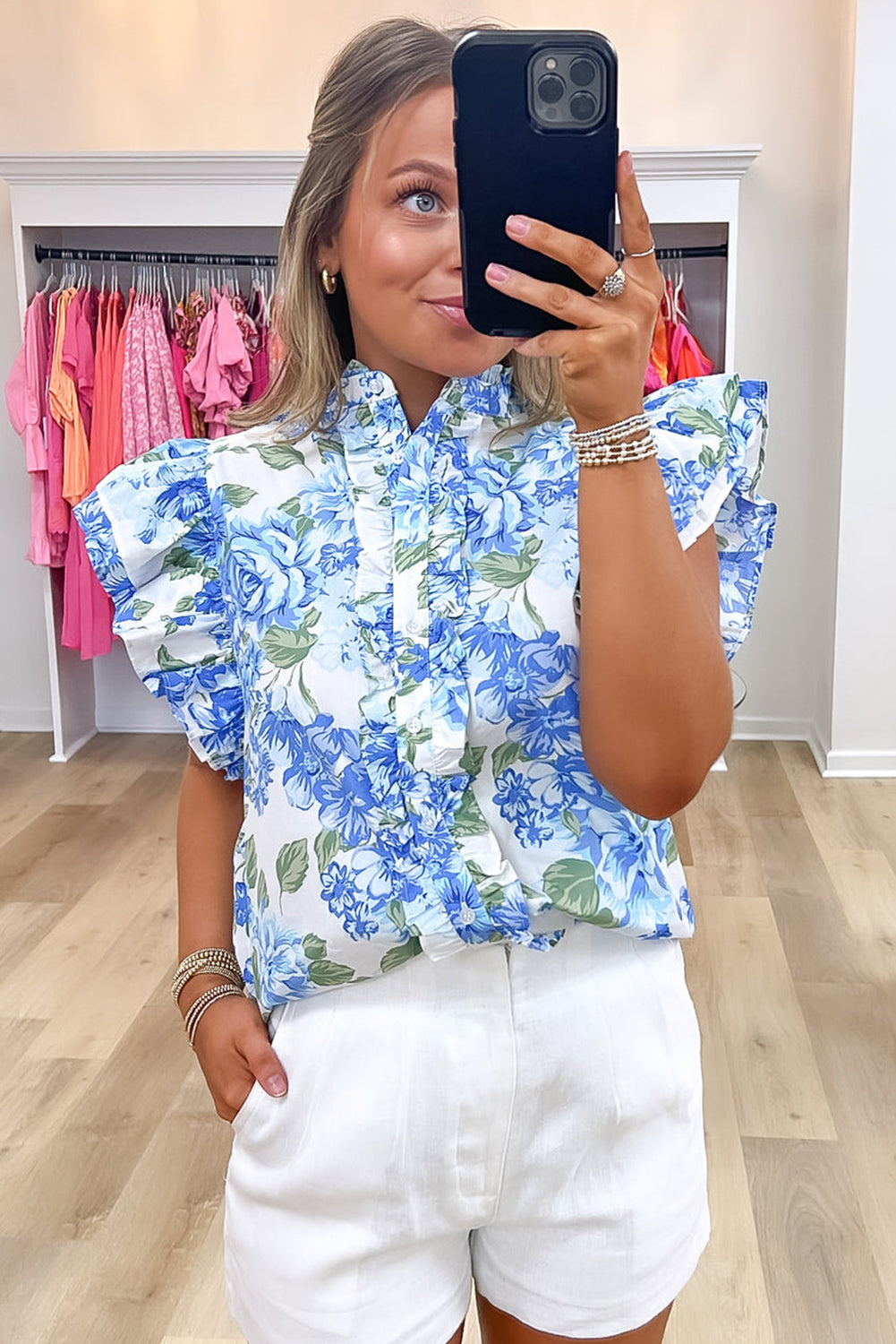 Blue Floral Ruffle Sleeve Shirt