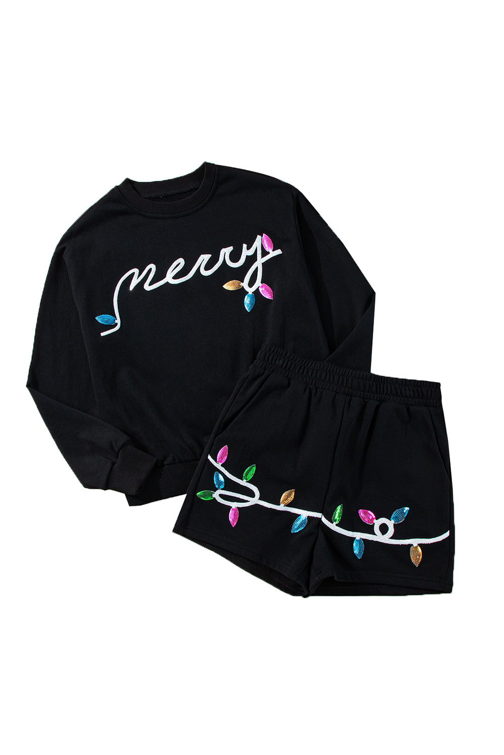 Black Sequin Merry Christmas Lights Shorts Set