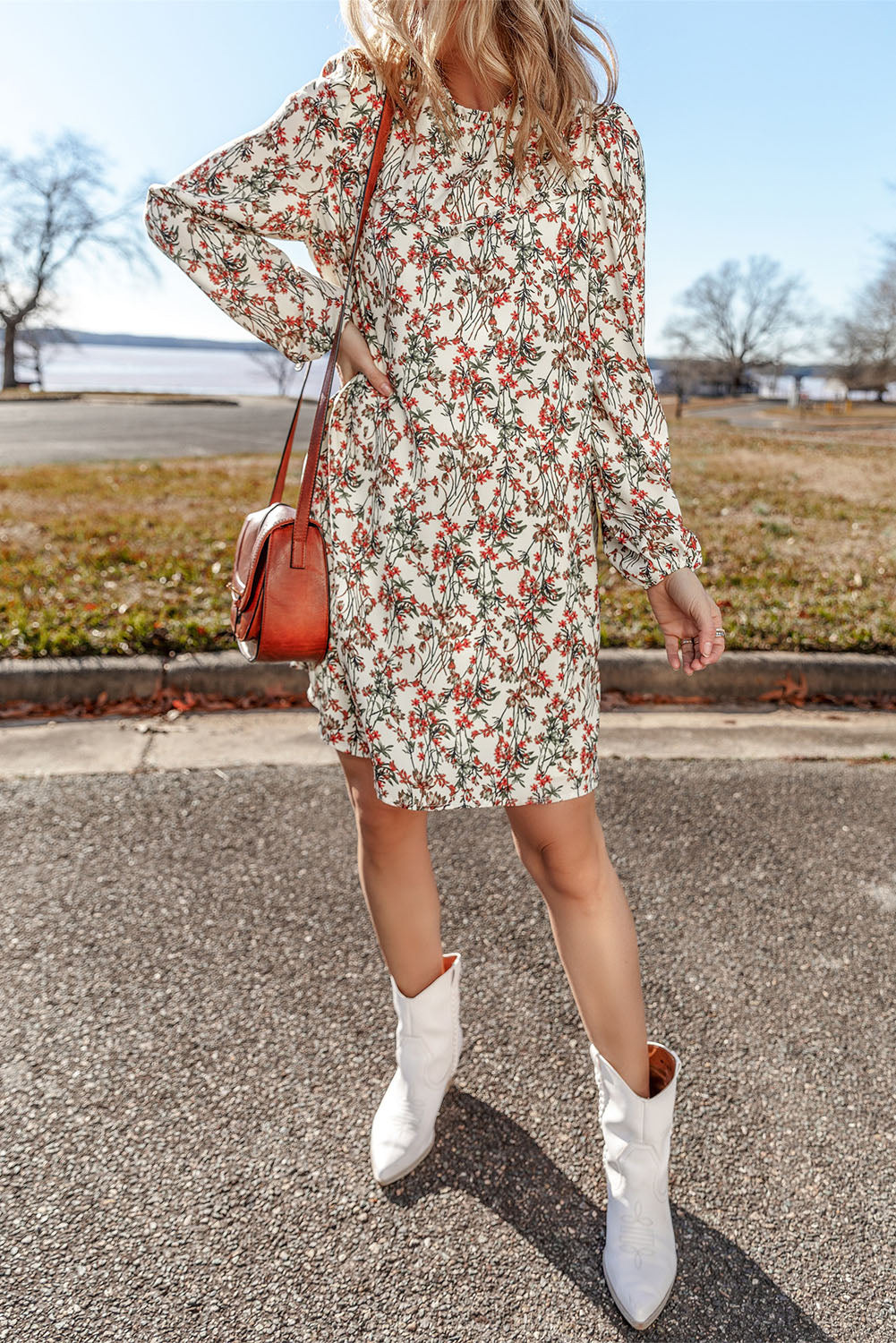 White Floral Printed Long Sleeve Dress