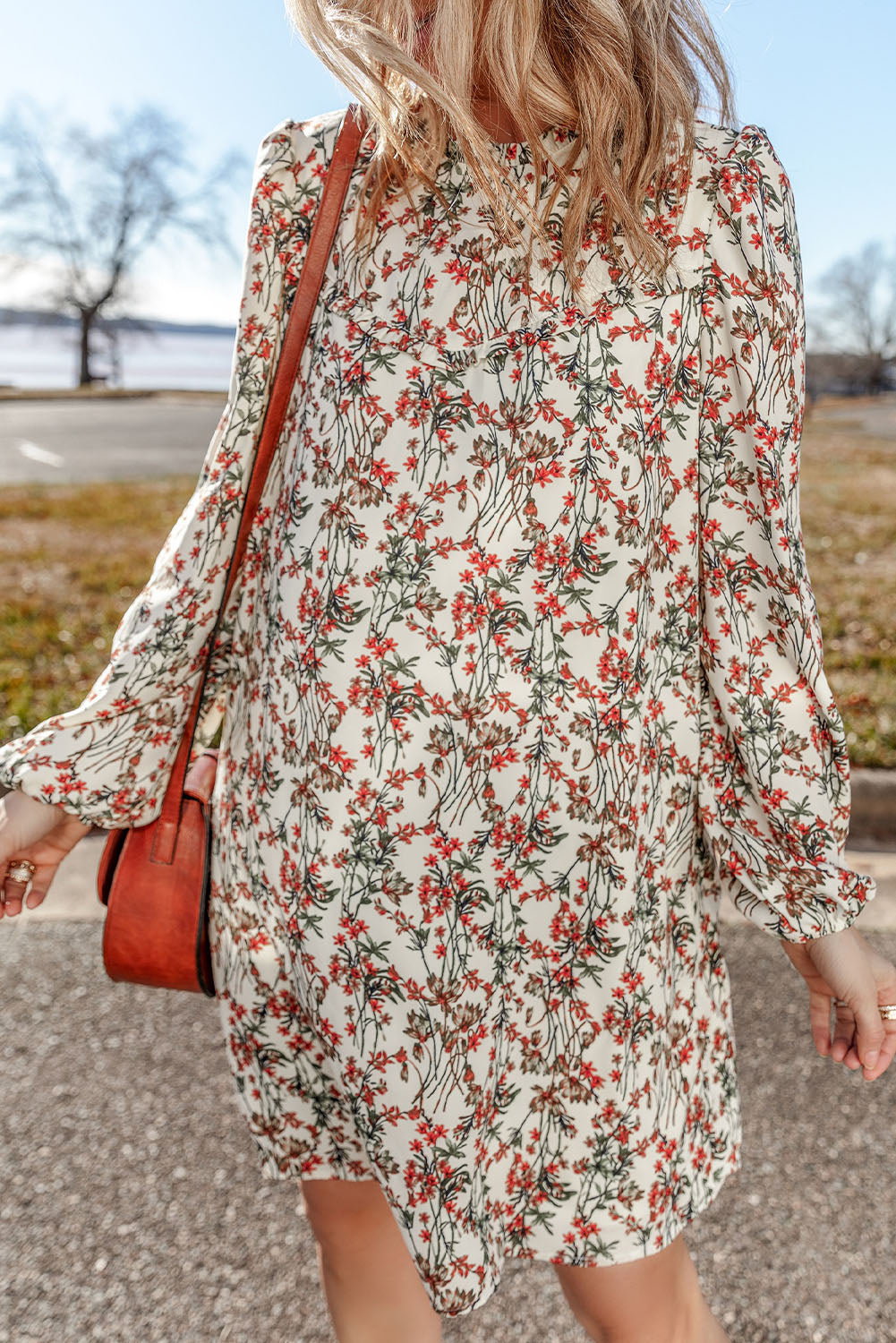 White Floral Printed Long Sleeve Dress