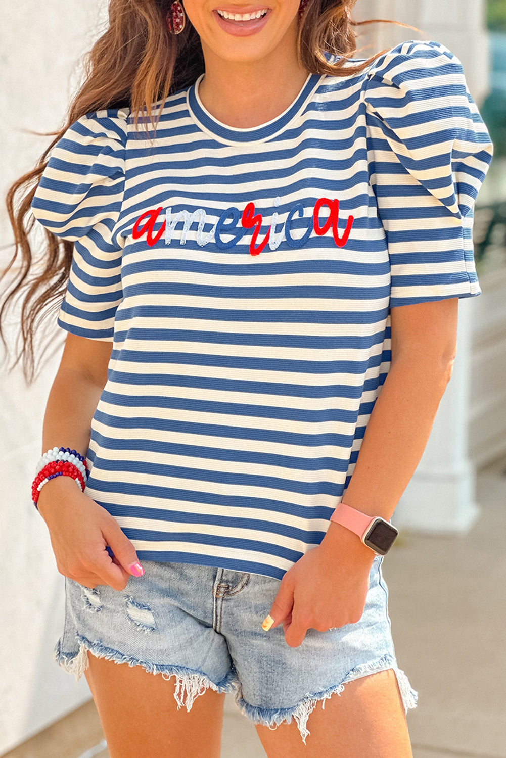 Blue Stripe America Puff Sleeve T-shirt