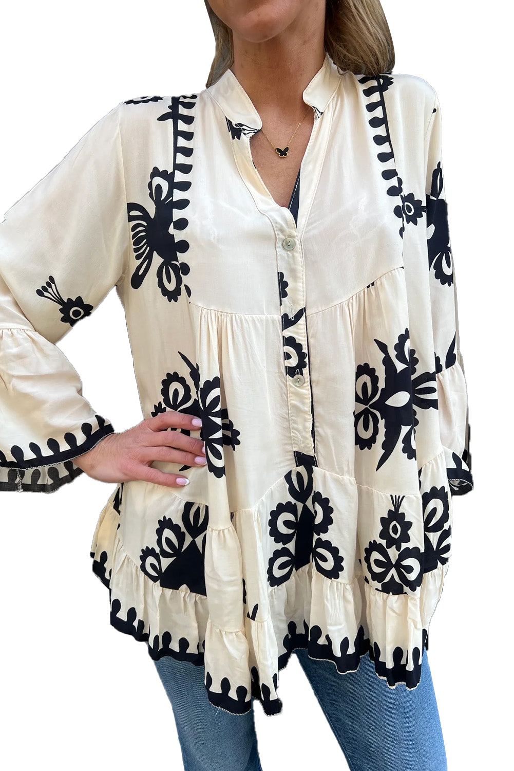 White Boho Print Bell Sleeve Ruffle Hem Blouse