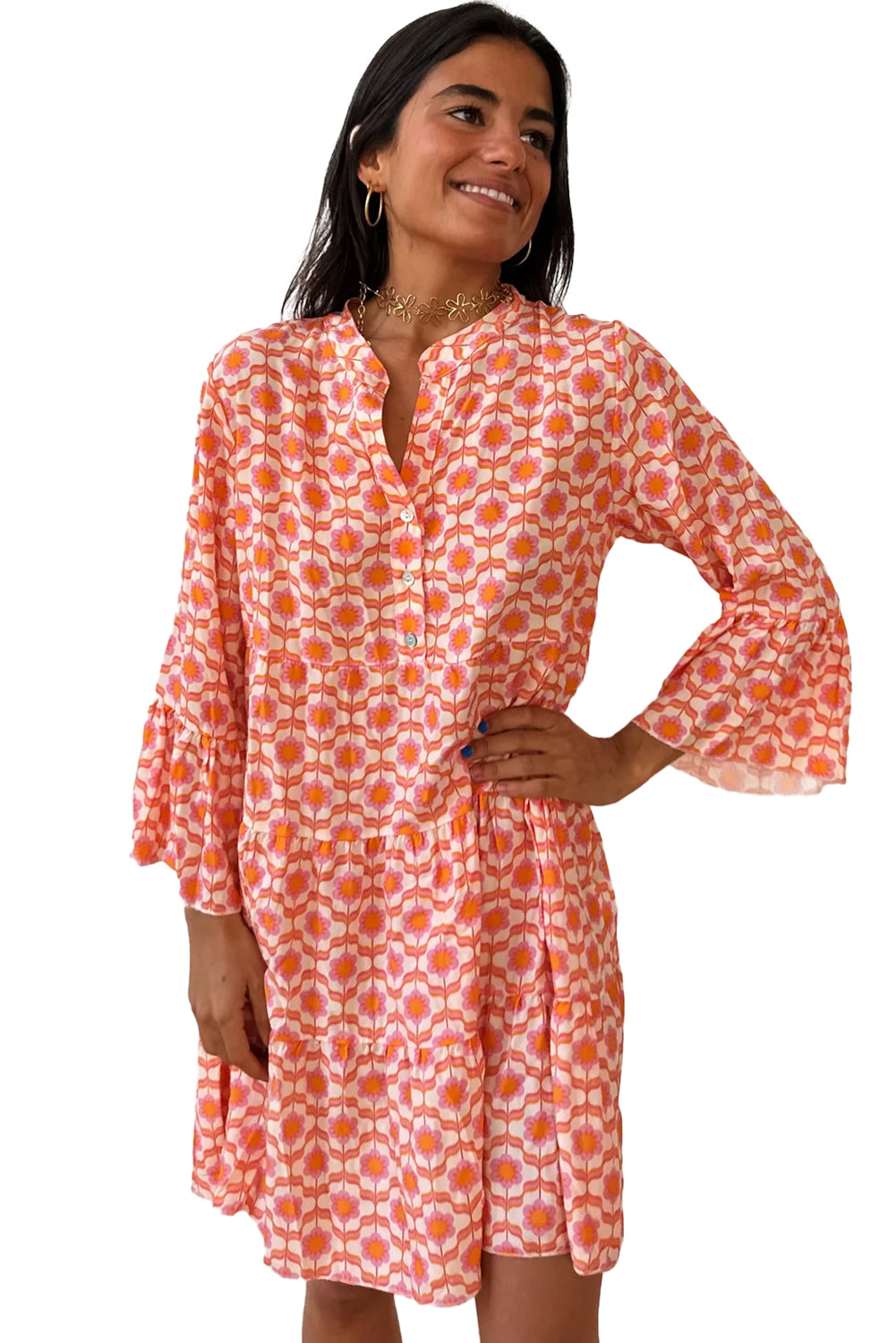 Orange V Neck Bell Sleeve Dress