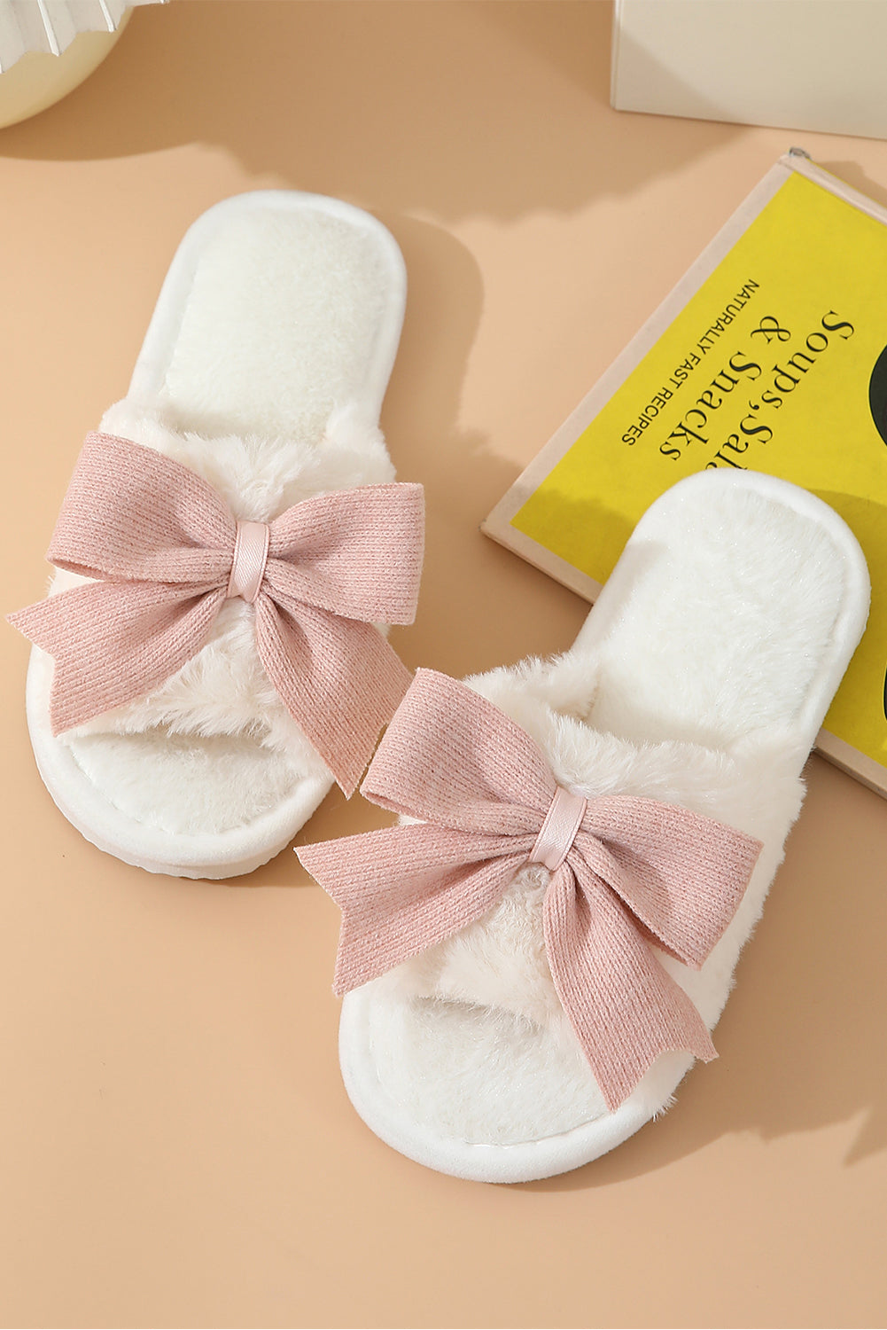 Pink Bow White Fluffy Slippers