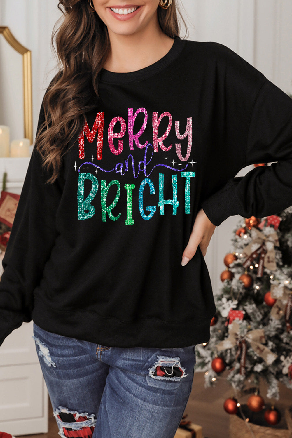 Black Glittering Merry and Bright Christmas Sweatshirt