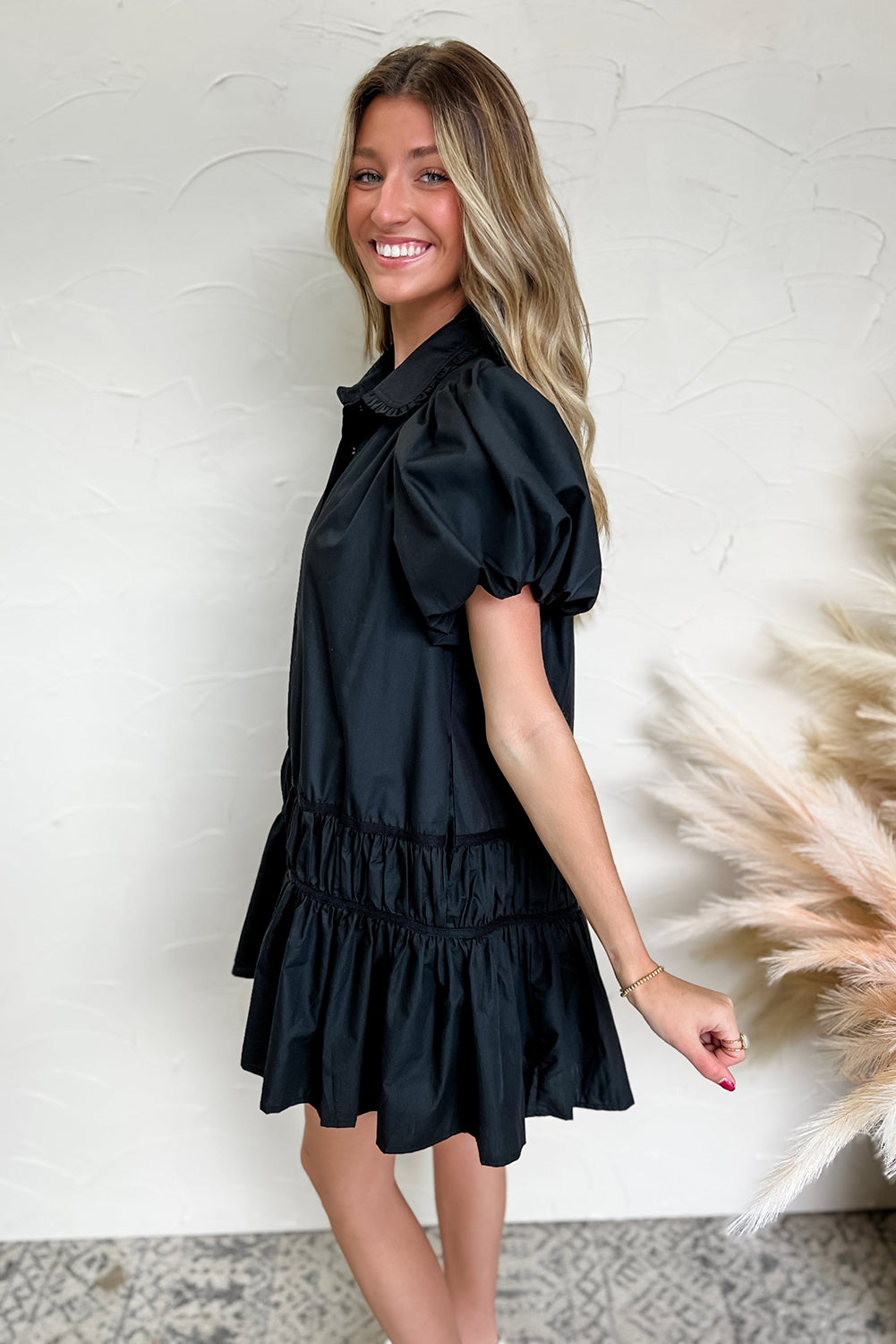 Black Button Down Puff Sleeve Ruched Dress