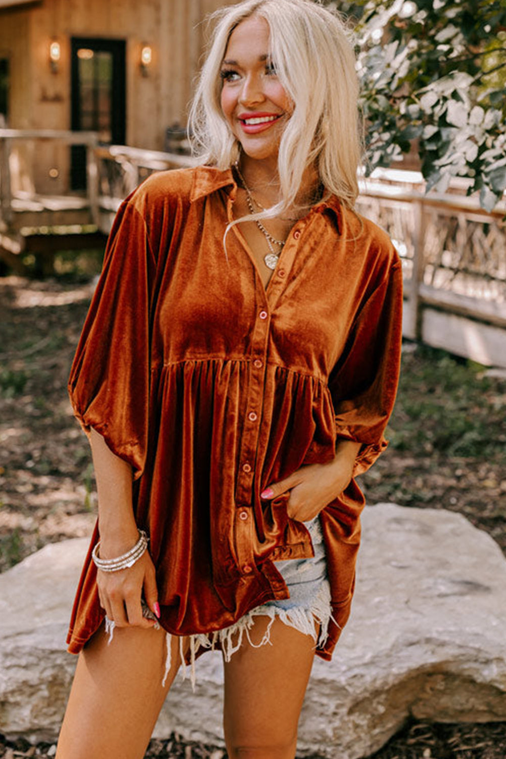 Lantern Sleeve Tunic Babydoll Velvet Shirt