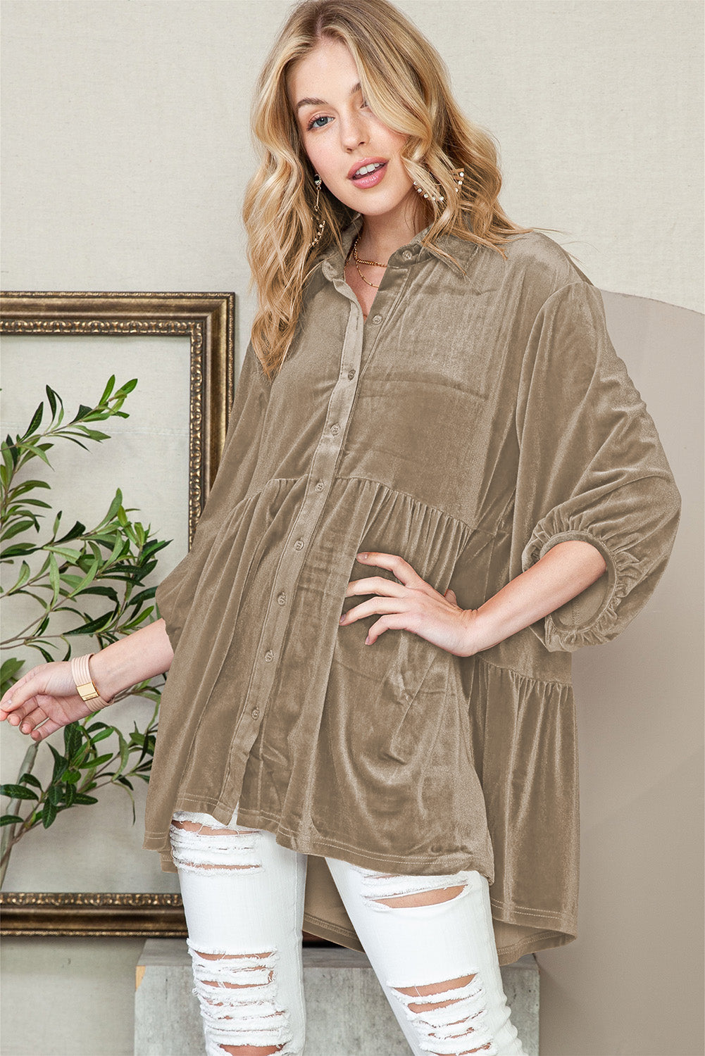 Lantern Sleeve Tunic Babydoll Velvet Shirt