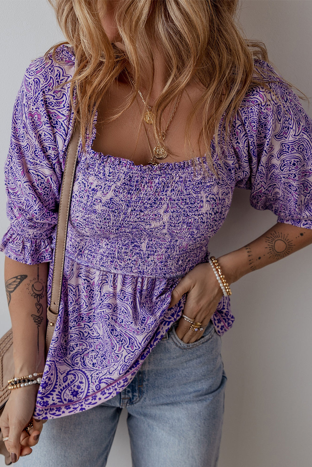 Purple Boho Paisley Peplum Top