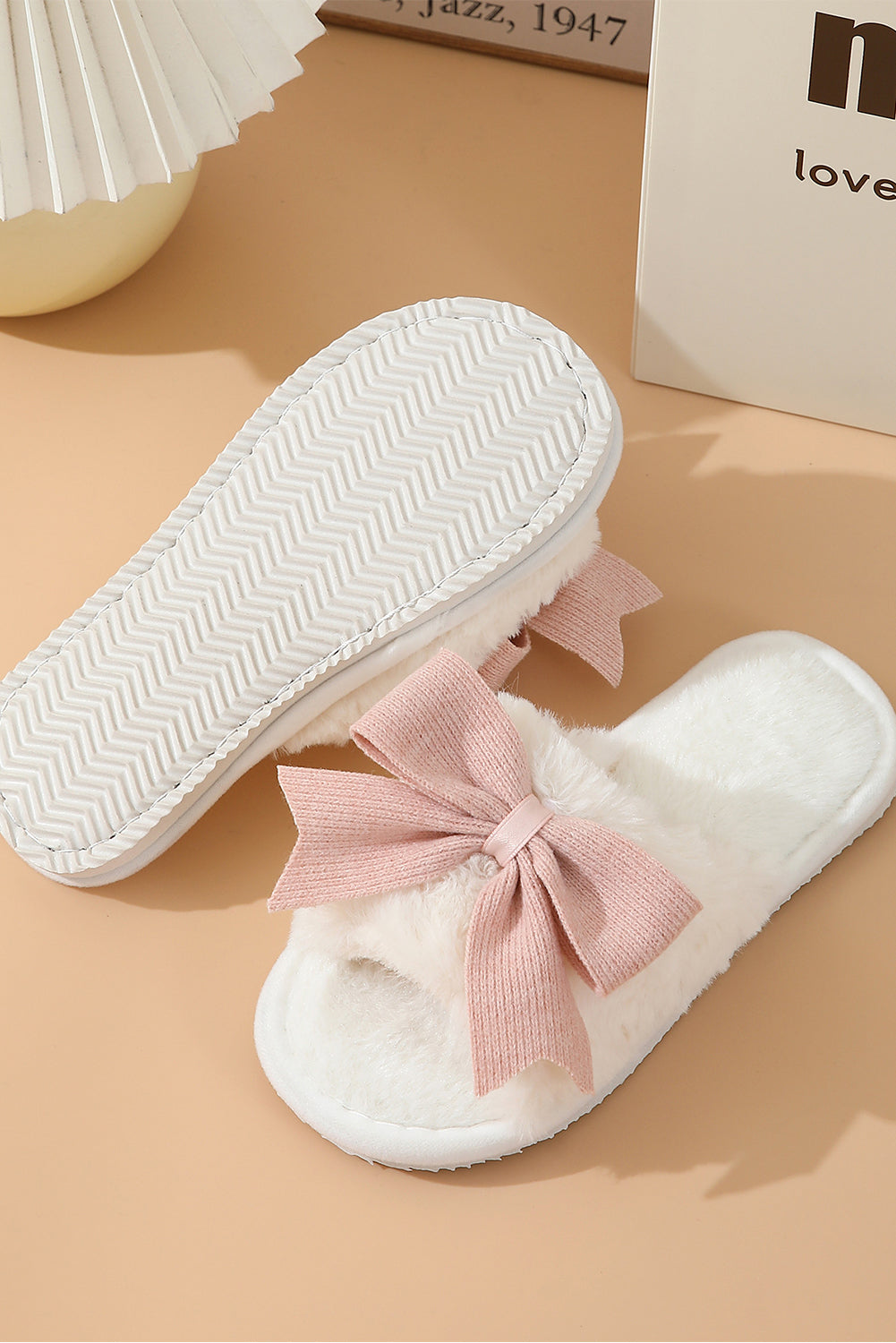 Pink Bow White Fluffy Slippers