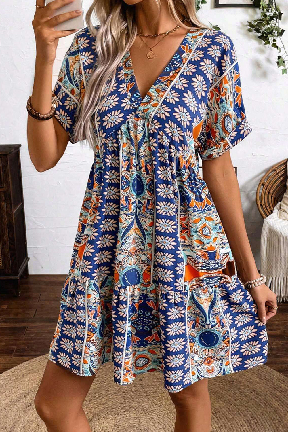 Blue Flower Print V-Neck High Waisted Dress