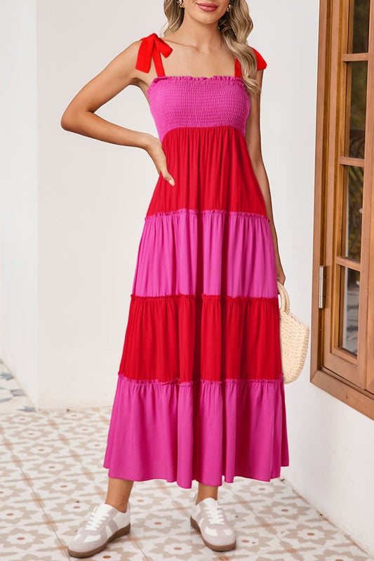 Pink Shirred Tiered Maxi Dress