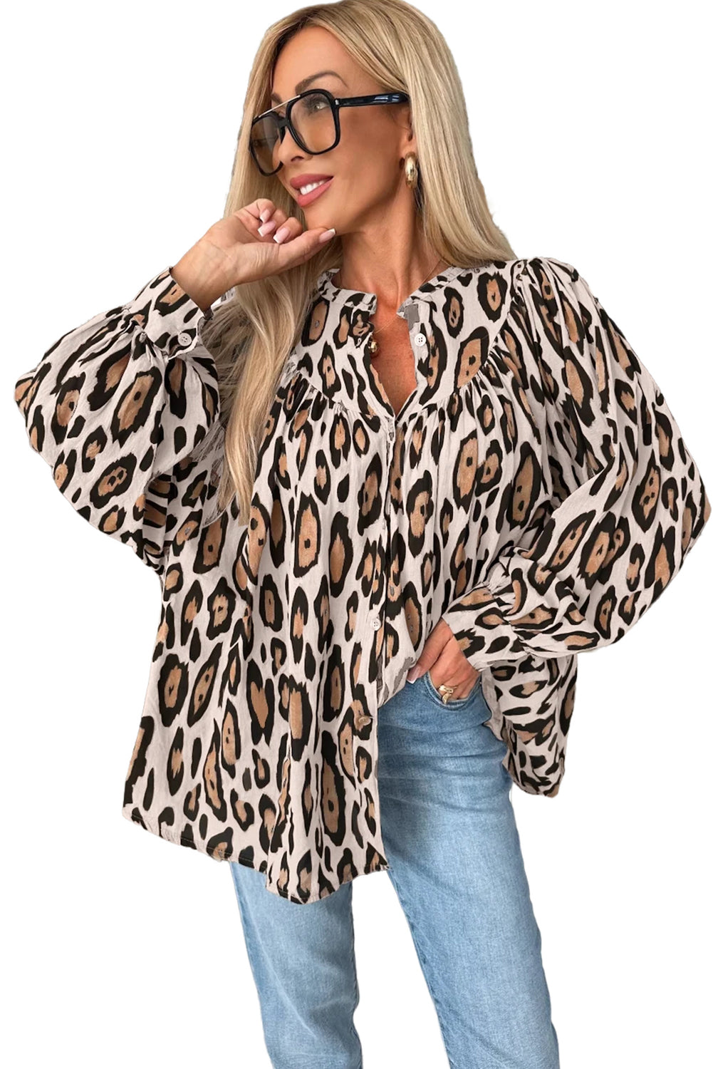 Leopard Print Balloon Sleeve Loose Blouse