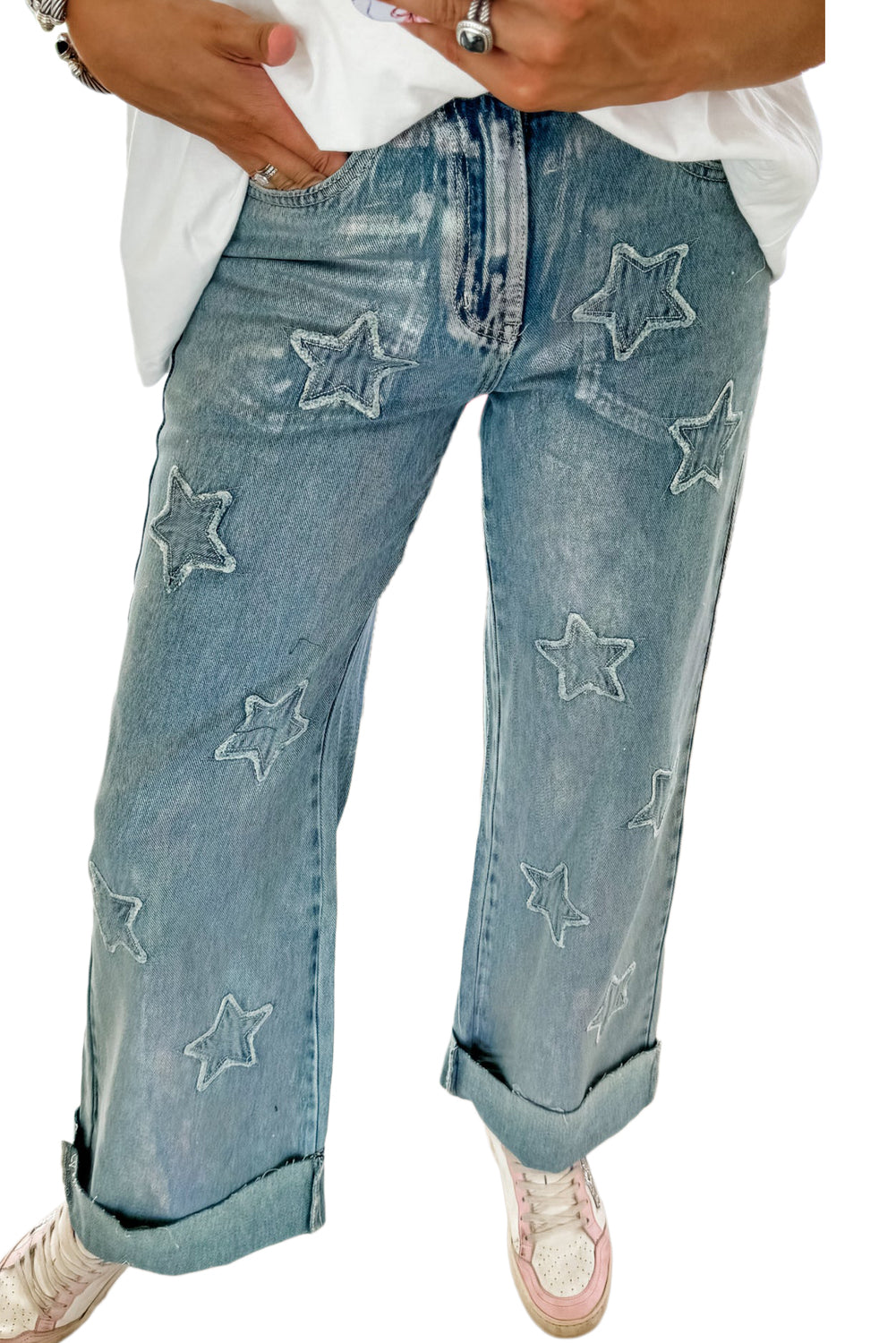 Star Patched Straight Leg Loose Jeans