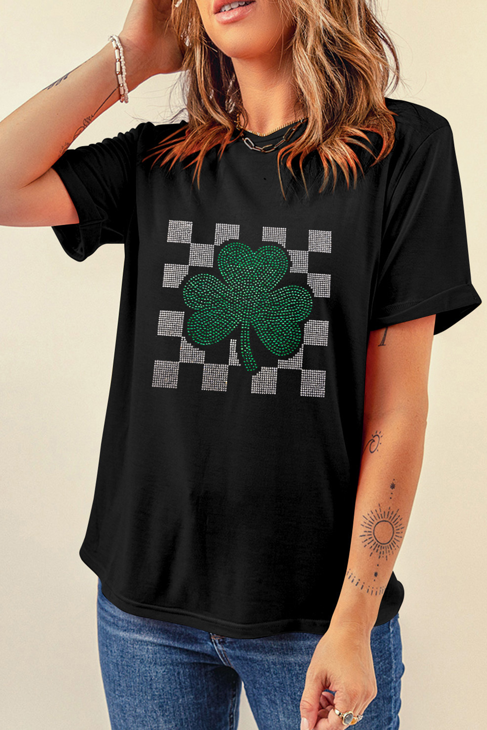 Black Rhinestone Shamrock Checkered T Shirt