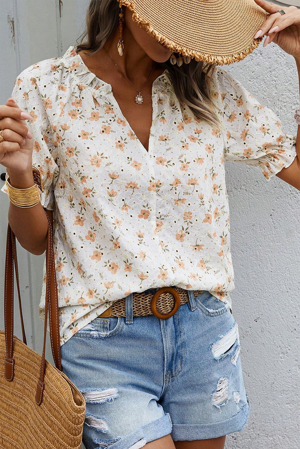 Eyelet Notch V Neck Puff Sleeve Floral Blouse