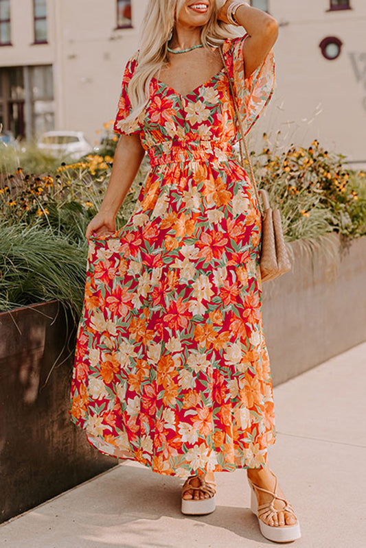 Orange Floral V Neck Maxi Dress - Plus