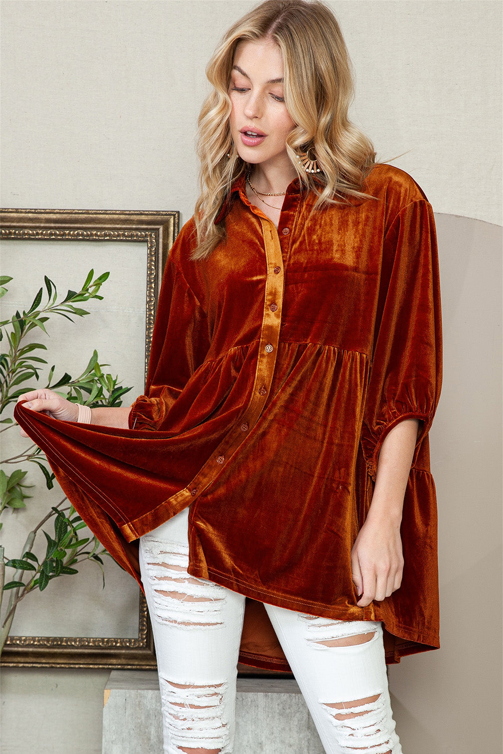 Lantern Sleeve Tunic Babydoll Velvet Shirt