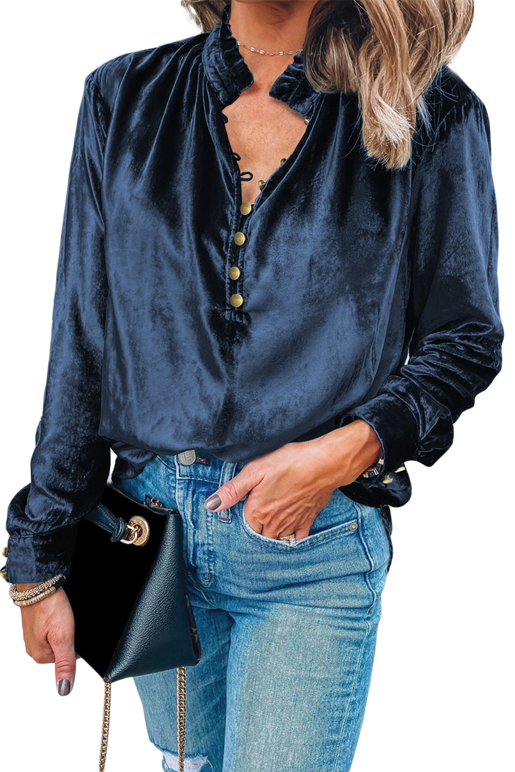 V Neck Buttoned Velvet Blouse