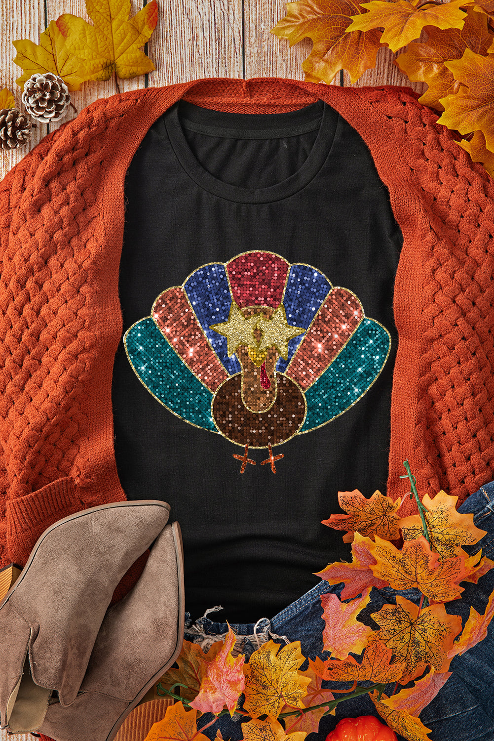 Black Glitter Turkey Thanksgiving T Shirt