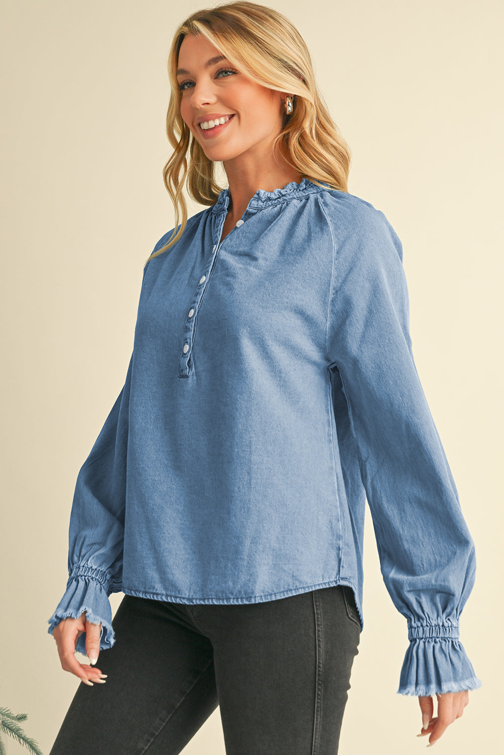 Frilled Half Buttoned Denim Blouse