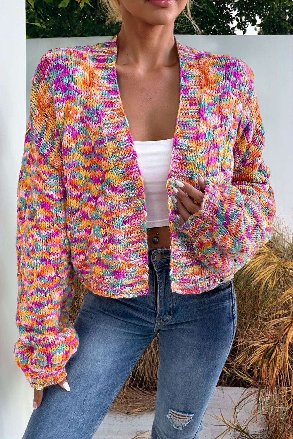 Pink Colorful Cropped Cardigan