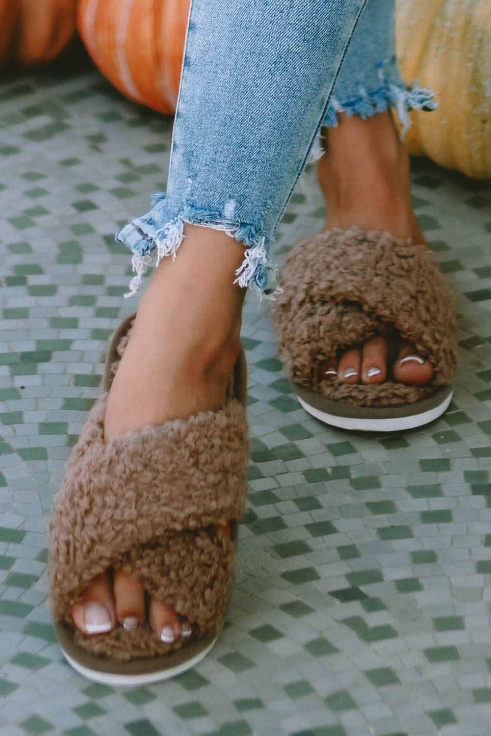 Brown Fuzzy Slipper Slides